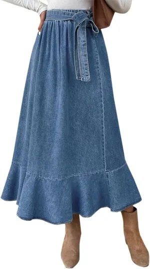 IDEALSANXUN Denim Skirt for Women Spring Summer Outfits A Line Elastic High Waisted Drawstring Pleated Casual Midi Jean Skirt