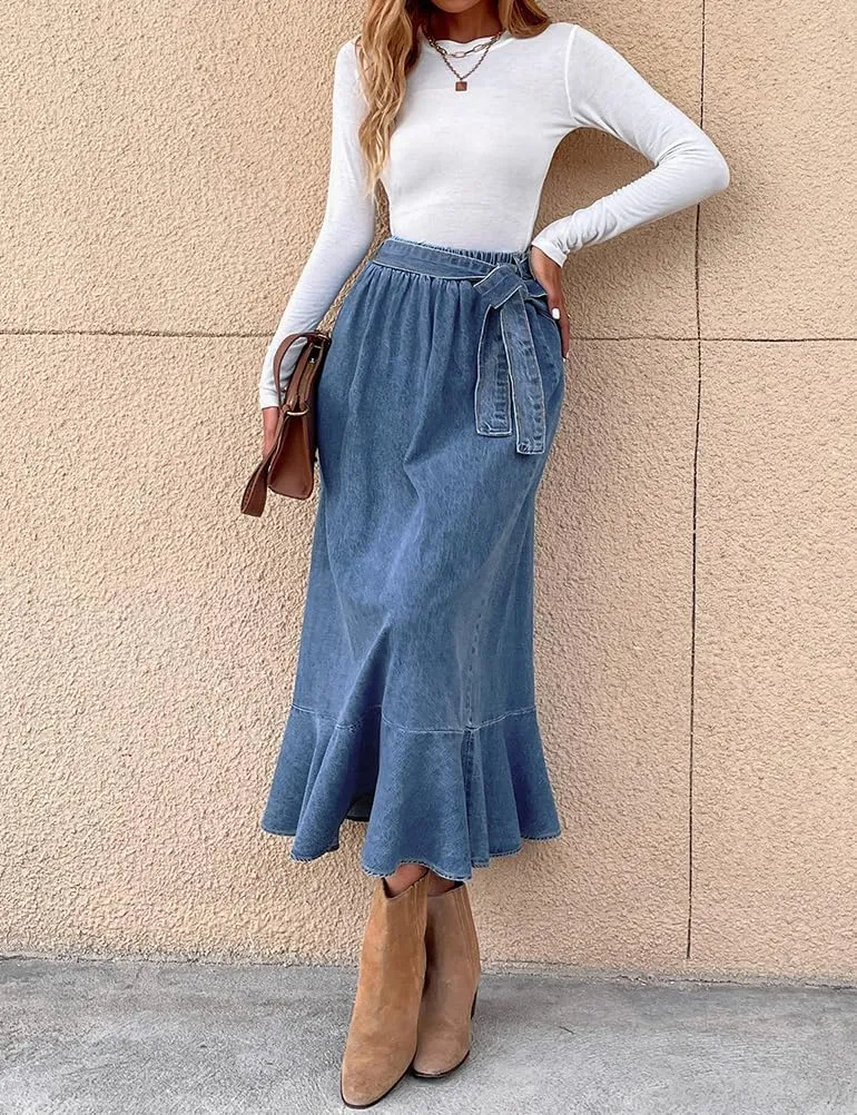 IDEALSANXUN Denim Skirt for Women Spring Summer Outfits A Line Elastic High Waisted Drawstring Pleated Casual Midi Jean Skirt