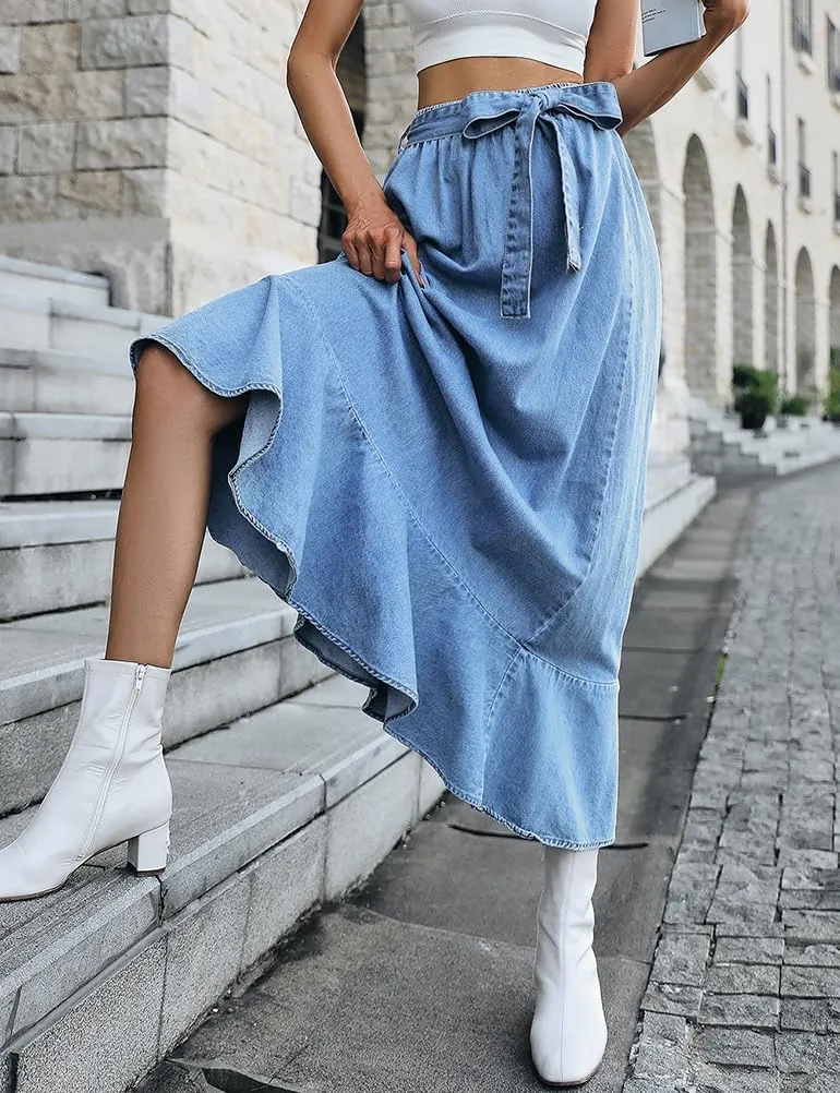 IDEALSANXUN Denim Skirt for Women Spring Summer Outfits A Line Elastic High Waisted Drawstring Pleated Casual Midi Jean Skirt