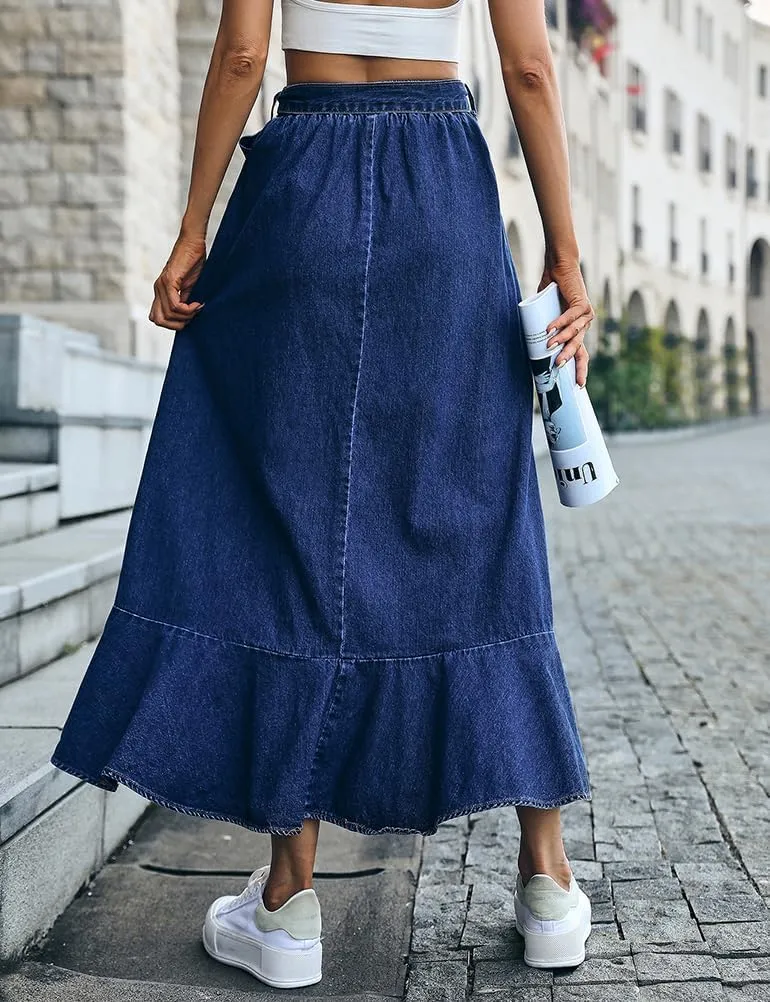 IDEALSANXUN Denim Skirt for Women Spring Summer Outfits A Line Elastic High Waisted Drawstring Pleated Casual Midi Jean Skirt