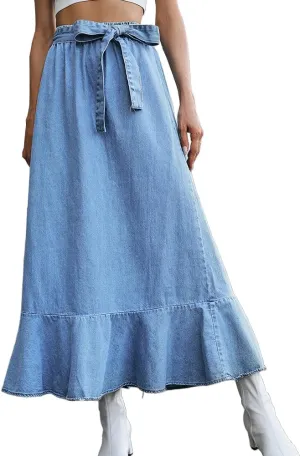 IDEALSANXUN Denim Skirt for Women Spring Summer Outfits A Line Elastic High Waisted Drawstring Pleated Casual Midi Jean Skirt