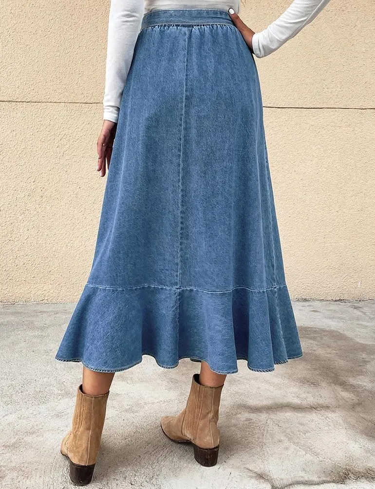 IDEALSANXUN Denim Skirt for Women Spring Summer Outfits A Line Elastic High Waisted Drawstring Pleated Casual Midi Jean Skirt