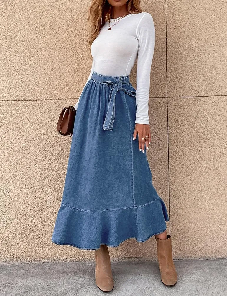 IDEALSANXUN Denim Skirt for Women Spring Summer Outfits A Line Elastic High Waisted Drawstring Pleated Casual Midi Jean Skirt