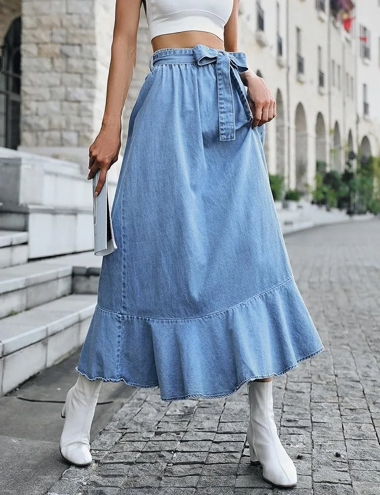 IDEALSANXUN Denim Skirt for Women Spring Summer Outfits A Line Elastic High Waisted Drawstring Pleated Casual Midi Jean Skirt
