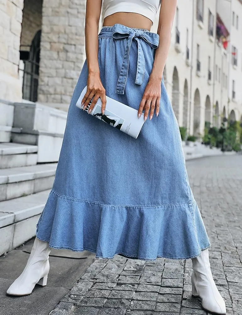 IDEALSANXUN Denim Skirt for Women Spring Summer Outfits A Line Elastic High Waisted Drawstring Pleated Casual Midi Jean Skirt