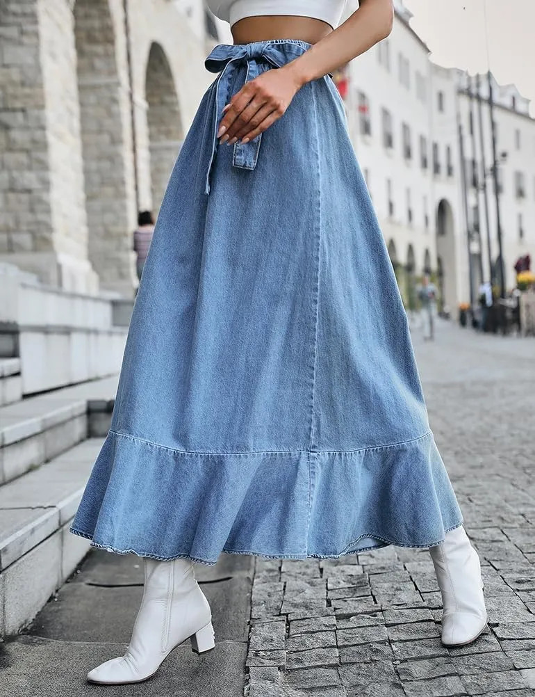 IDEALSANXUN Denim Skirt for Women Spring Summer Outfits A Line Elastic High Waisted Drawstring Pleated Casual Midi Jean Skirt
