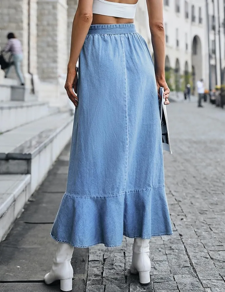 IDEALSANXUN Denim Skirt for Women Spring Summer Outfits A Line Elastic High Waisted Drawstring Pleated Casual Midi Jean Skirt