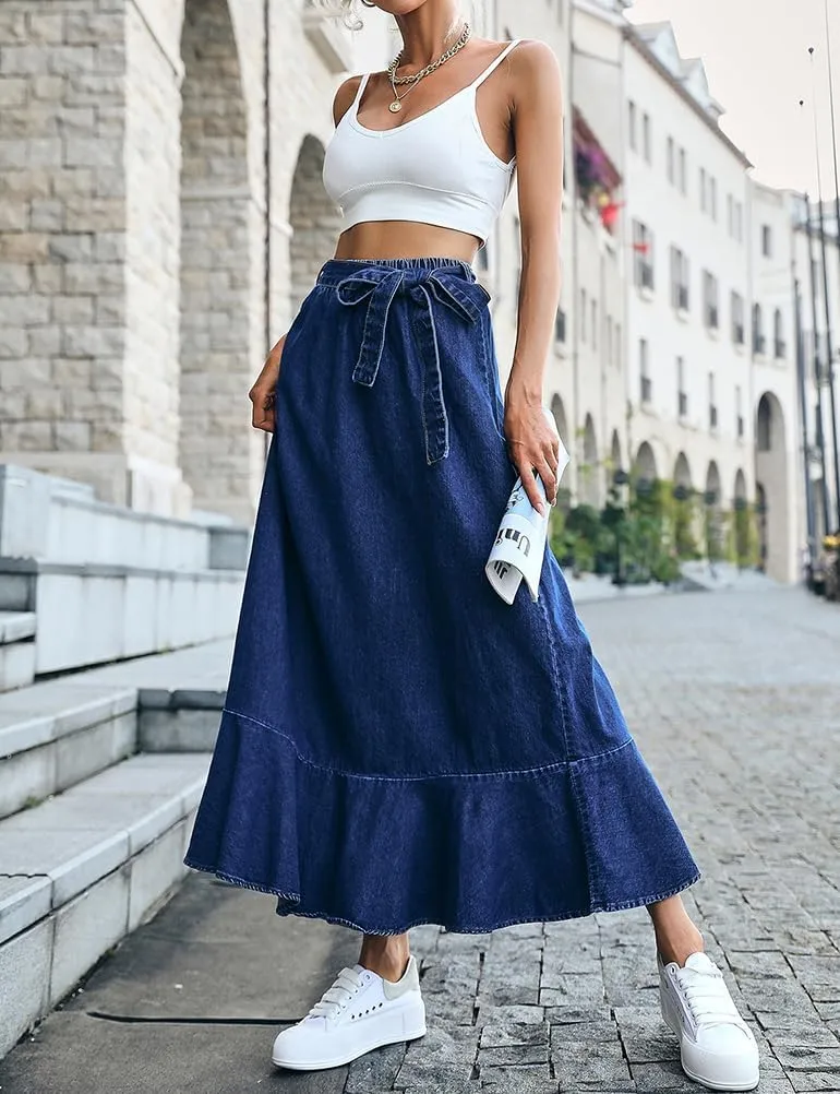 IDEALSANXUN Denim Skirt for Women Spring Summer Outfits A Line Elastic High Waisted Drawstring Pleated Casual Midi Jean Skirt