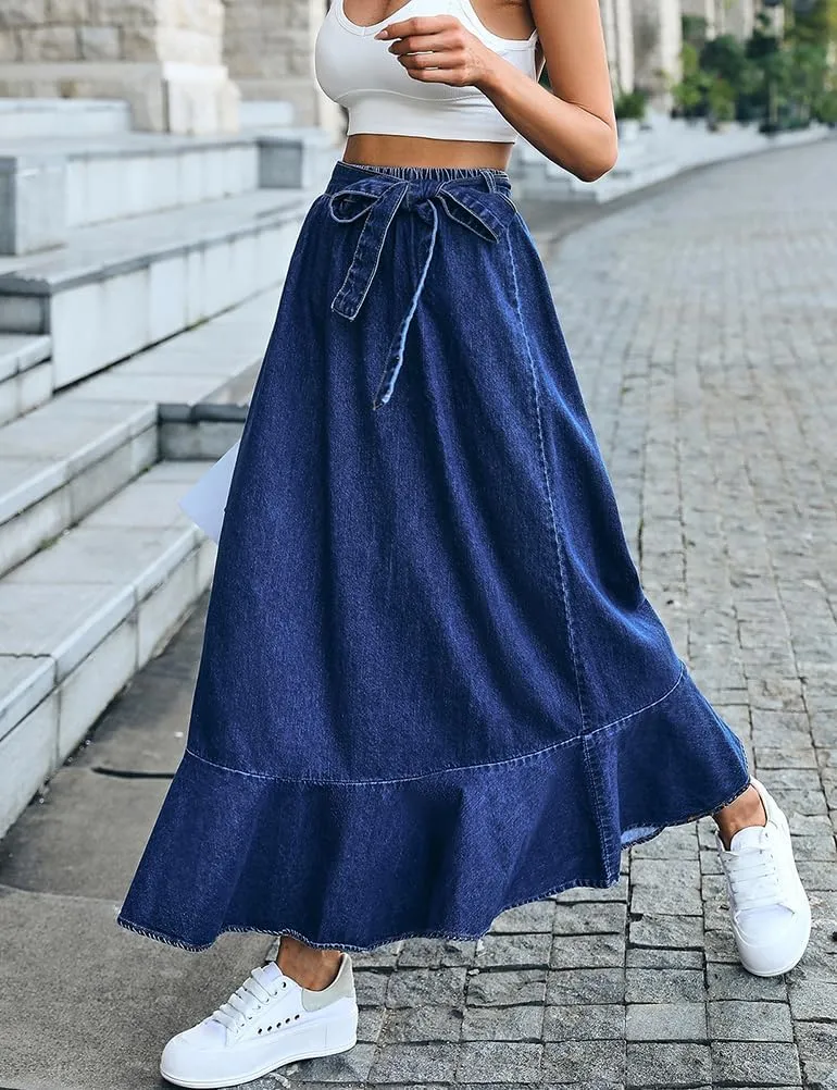 IDEALSANXUN Denim Skirt for Women Spring Summer Outfits A Line Elastic High Waisted Drawstring Pleated Casual Midi Jean Skirt