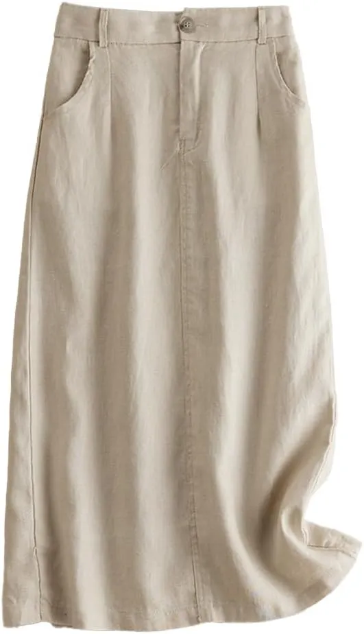 IDEALSANXUN Womens Cotton Linen Skirts Spring Summer A Line Midi Skirt with Pockets Beach Vacation Clothes