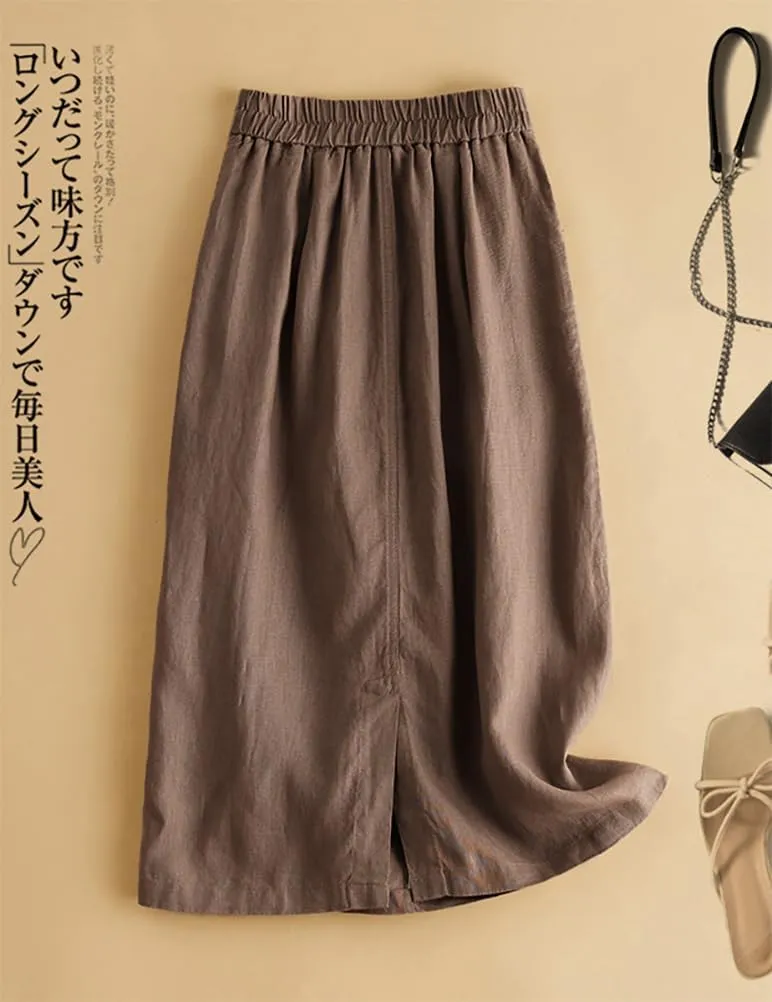 IDEALSANXUN Womens Cotton Linen Skirts Spring Summer A Line Midi Skirt with Pockets Beach Vacation Clothes