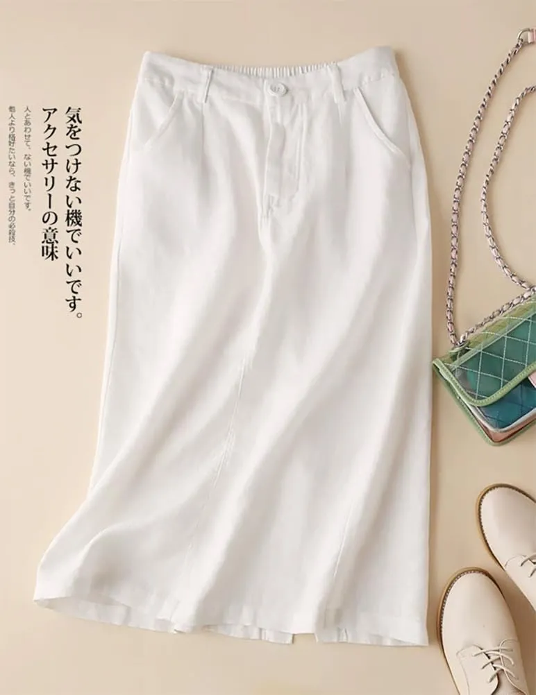 IDEALSANXUN Womens Cotton Linen Skirts Spring Summer A Line Midi Skirt with Pockets Beach Vacation Clothes