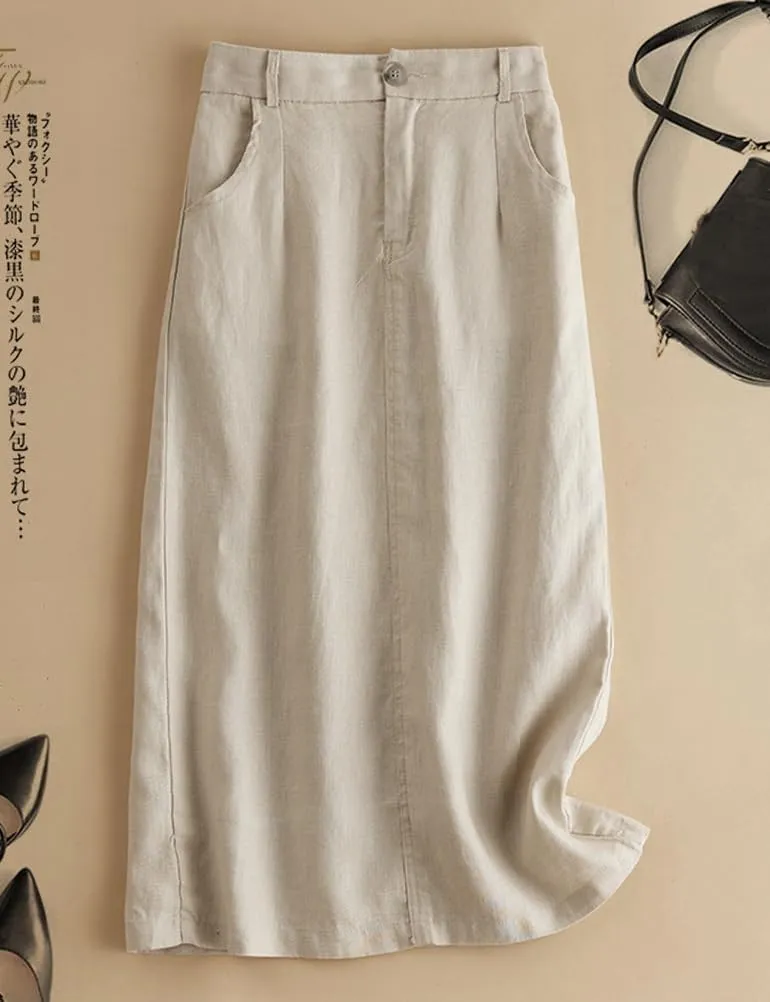 IDEALSANXUN Womens Cotton Linen Skirts Spring Summer A Line Midi Skirt with Pockets Beach Vacation Clothes