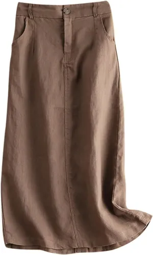 IDEALSANXUN Womens Cotton Linen Skirts Spring Summer A Line Midi Skirt with Pockets Beach Vacation Clothes