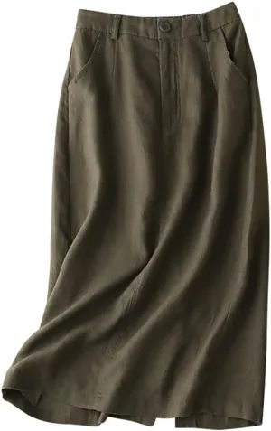 IDEALSANXUN Womens Cotton Linen Skirts Spring Summer A Line Midi Skirt with Pockets Beach Vacation Clothes