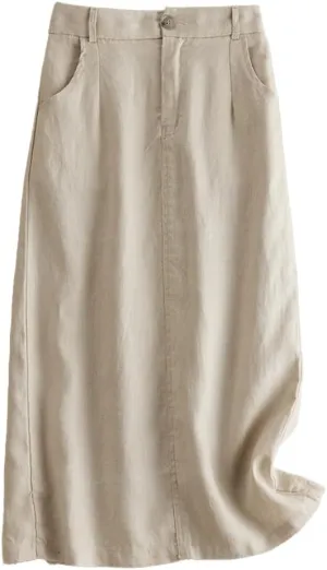 IDEALSANXUN Womens Cotton Linen Skirts Spring Summer A Line Midi Skirt with Pockets Beach Vacation Clothes