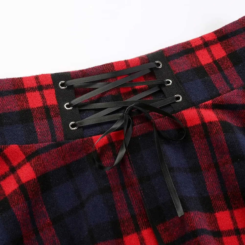 IDEALSANXUN Wool Plaid Mini Gothic Skirts for Womens High Waist Lace Up Short Pleated Skater Skirts
