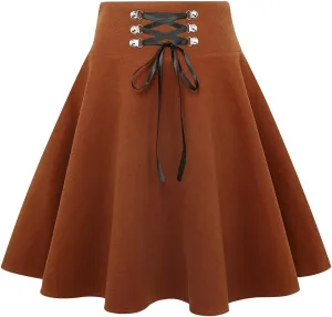 IDEALSANXUN Wool Plaid Mini Gothic Skirts for Womens High Waist Lace Up Short Pleated Skater Skirts