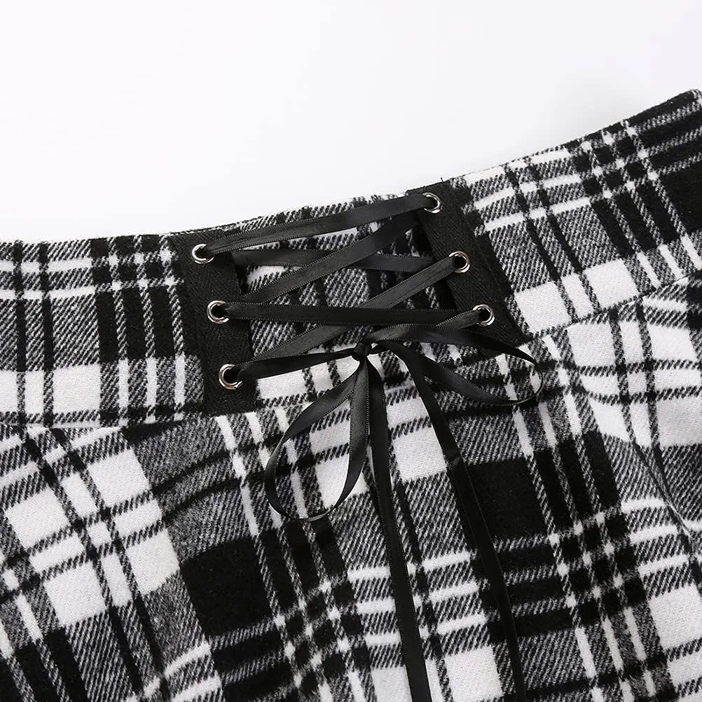 IDEALSANXUN Wool Plaid Mini Gothic Skirts for Womens High Waist Lace Up Short Pleated Skater Skirts