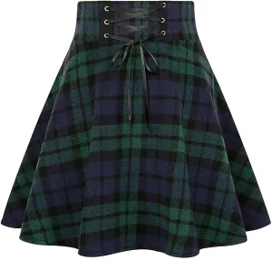 IDEALSANXUN Wool Plaid Mini Gothic Skirts for Womens High Waist Lace Up Short Pleated Skater Skirts
