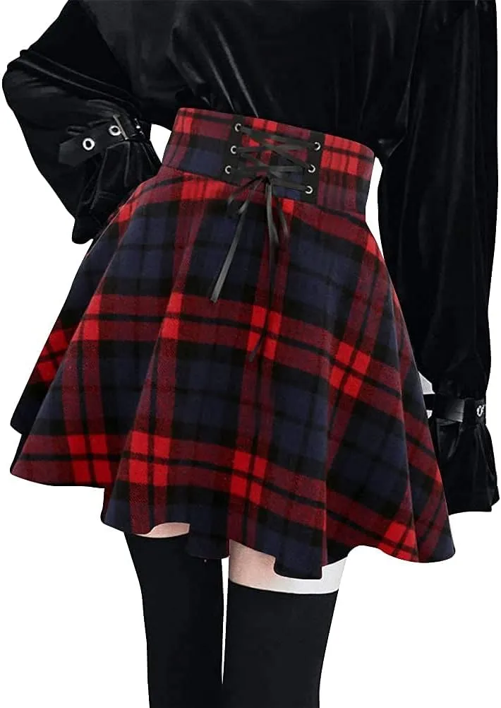 IDEALSANXUN Wool Plaid Mini Gothic Skirts for Womens High Waist Lace Up Short Pleated Skater Skirts