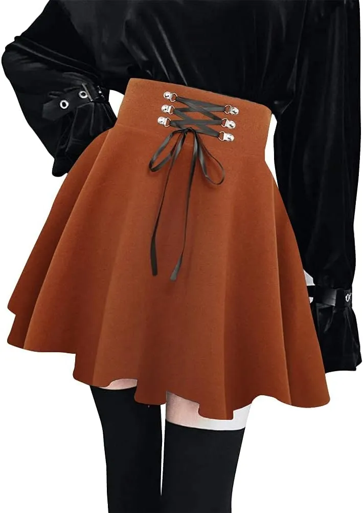 IDEALSANXUN Wool Plaid Mini Gothic Skirts for Womens High Waist Lace Up Short Pleated Skater Skirts