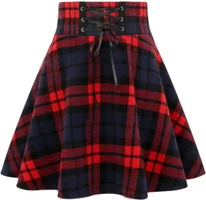 IDEALSANXUN Wool Plaid Mini Gothic Skirts for Womens High Waist Lace Up Short Pleated Skater Skirts