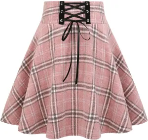 IDEALSANXUN Wool Plaid Mini Gothic Skirts for Womens High Waist Lace Up Short Pleated Skater Skirts