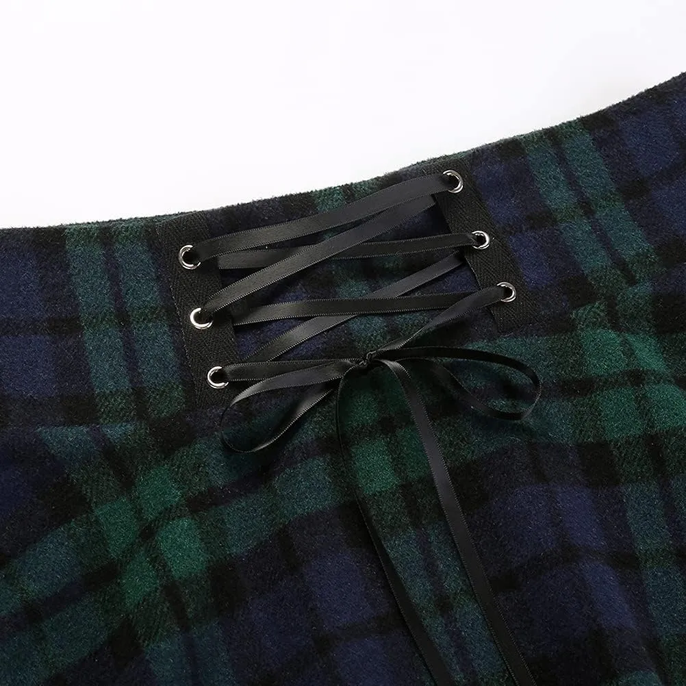 IDEALSANXUN Wool Plaid Mini Gothic Skirts for Womens High Waist Lace Up Short Pleated Skater Skirts