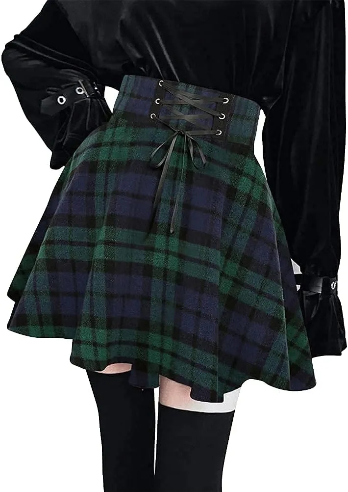 IDEALSANXUN Wool Plaid Mini Gothic Skirts for Womens High Waist Lace Up Short Pleated Skater Skirts