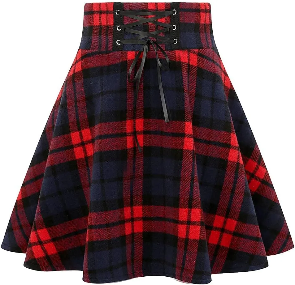 IDEALSANXUN Wool Plaid Mini Gothic Skirts for Womens High Waist Lace Up Short Pleated Skater Skirts