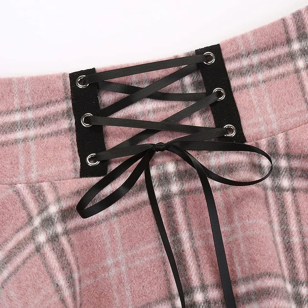 IDEALSANXUN Wool Plaid Mini Gothic Skirts for Womens High Waist Lace Up Short Pleated Skater Skirts
