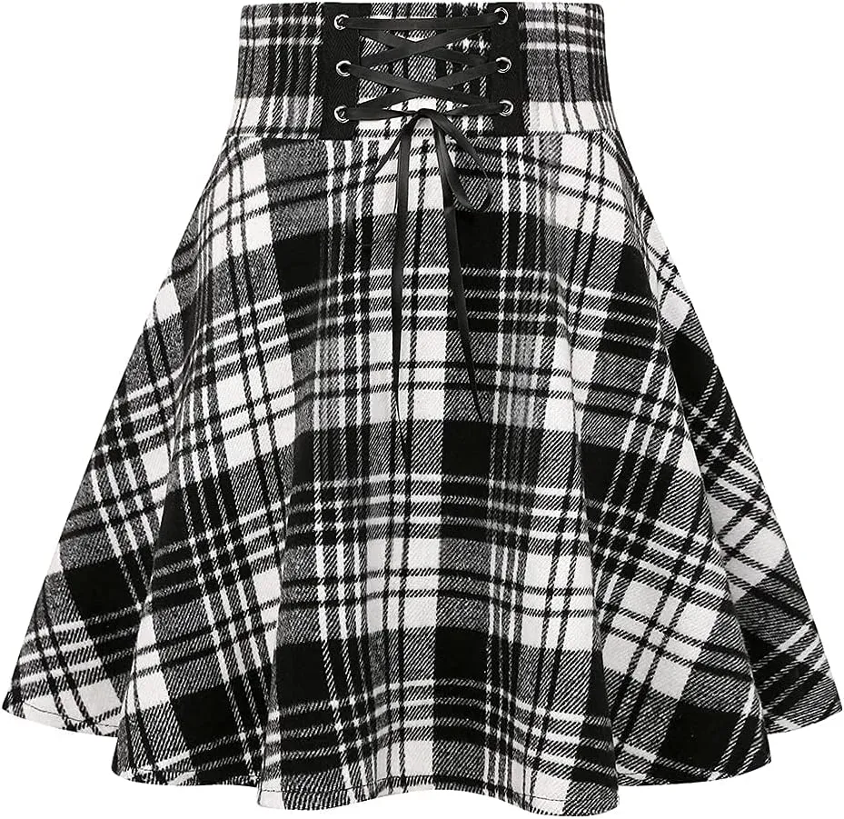 IDEALSANXUN Wool Plaid Mini Gothic Skirts for Womens High Waist Lace Up Short Pleated Skater Skirts