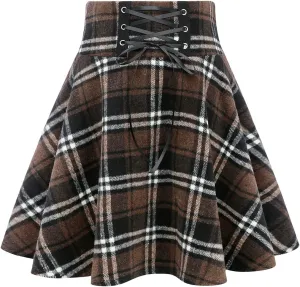 IDEALSANXUN Wool Plaid Mini Gothic Skirts for Womens High Waist Lace Up Short Pleated Skater Skirts