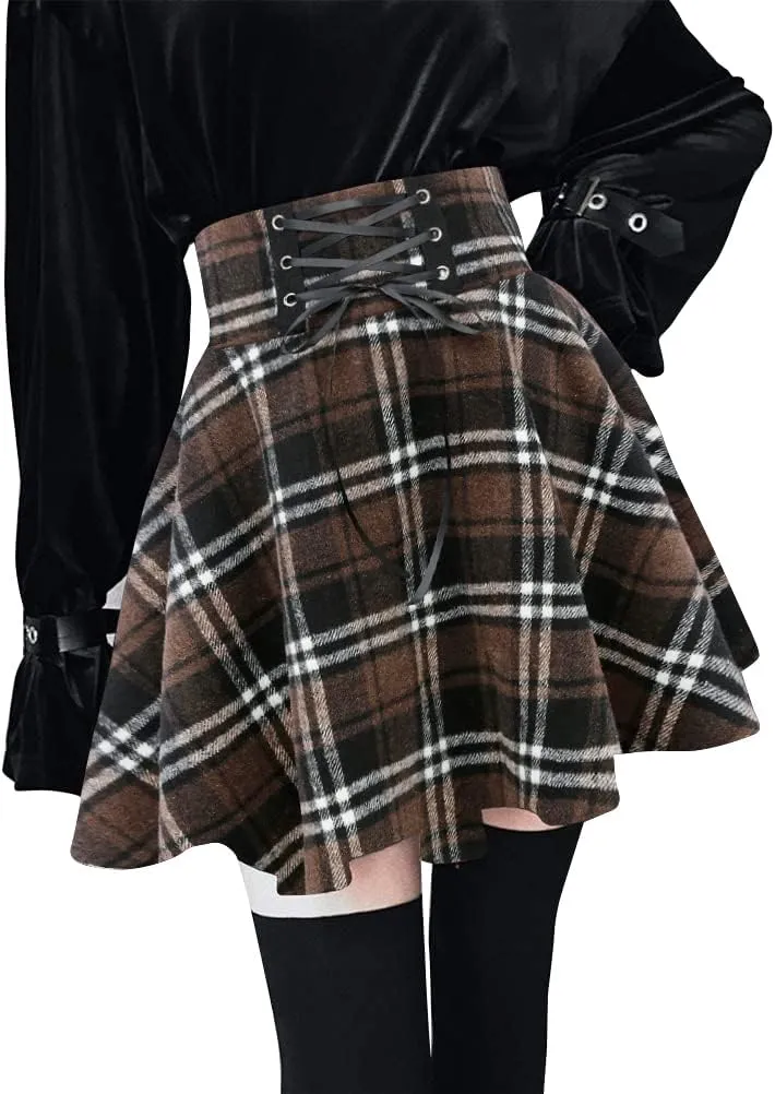 IDEALSANXUN Wool Plaid Mini Gothic Skirts for Womens High Waist Lace Up Short Pleated Skater Skirts