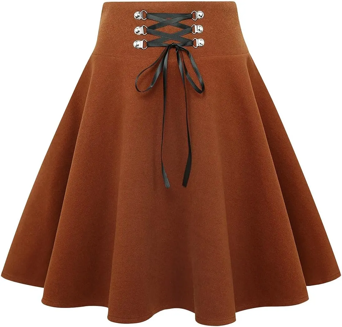 IDEALSANXUN Wool Plaid Mini Gothic Skirts for Womens High Waist Lace Up Short Pleated Skater Skirts
