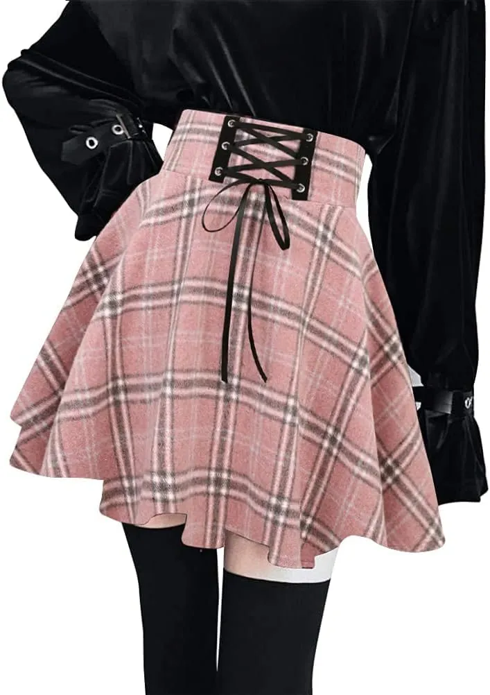 IDEALSANXUN Wool Plaid Mini Gothic Skirts for Womens High Waist Lace Up Short Pleated Skater Skirts