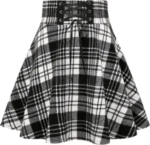 IDEALSANXUN Wool Plaid Mini Gothic Skirts for Womens High Waist Lace Up Short Pleated Skater Skirts