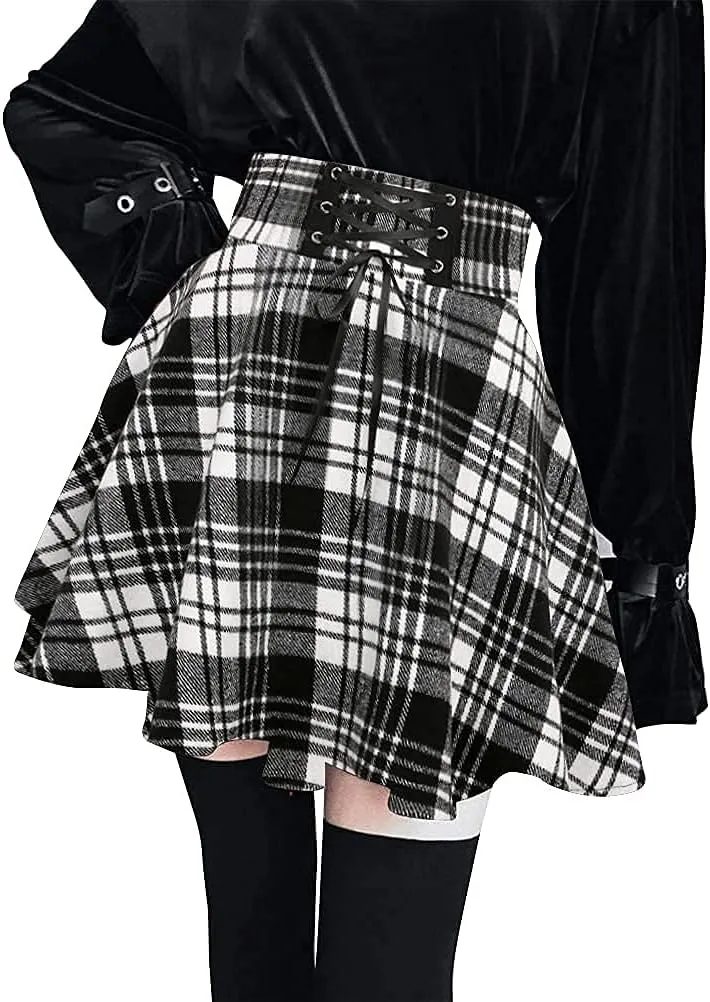 IDEALSANXUN Wool Plaid Mini Gothic Skirts for Womens High Waist Lace Up Short Pleated Skater Skirts