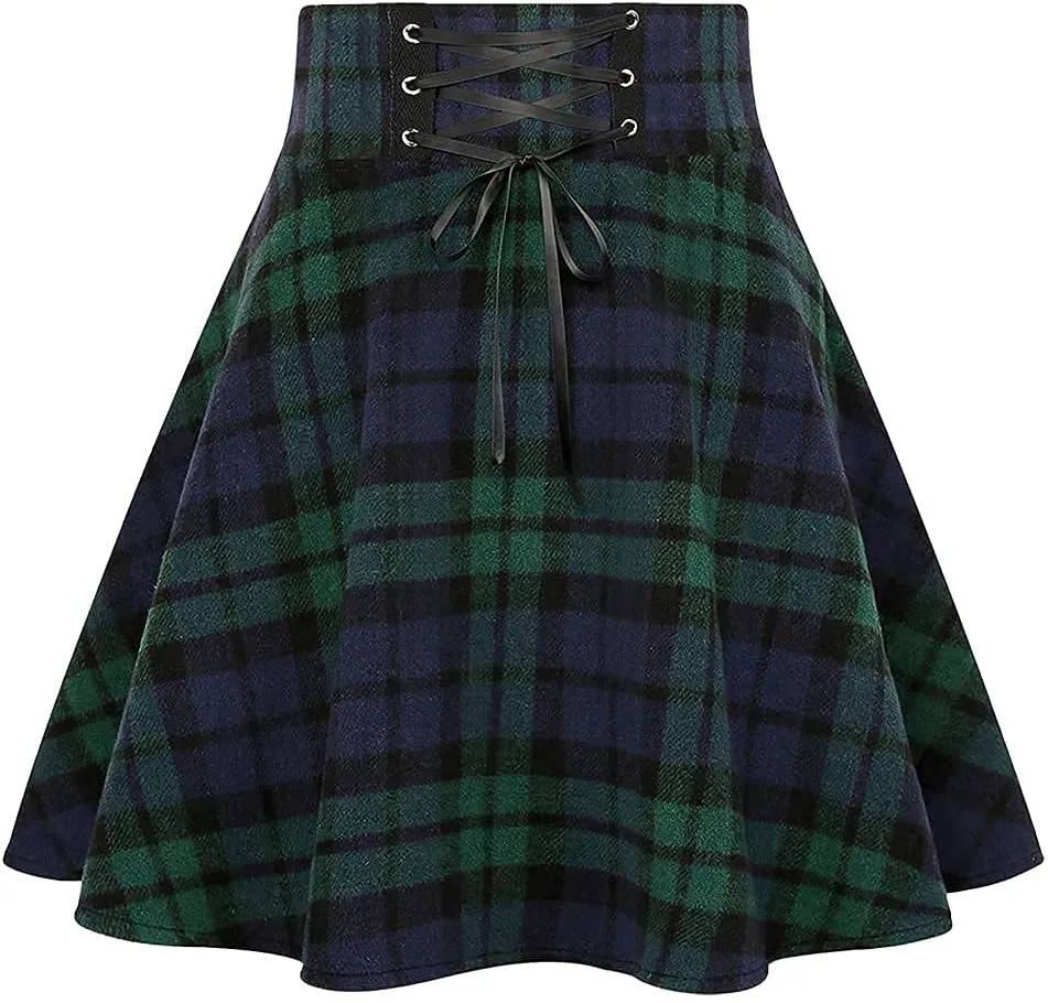 IDEALSANXUN Wool Plaid Mini Gothic Skirts for Womens High Waist Lace Up Short Pleated Skater Skirts