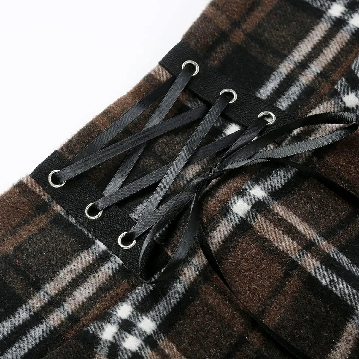IDEALSANXUN Wool Plaid Mini Gothic Skirts for Womens High Waist Lace Up Short Pleated Skater Skirts