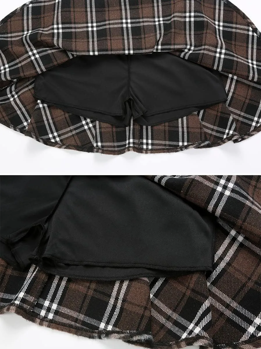 IDEALSANXUN Wool Plaid Mini Gothic Skirts for Womens High Waist Lace Up Short Pleated Skater Skirts