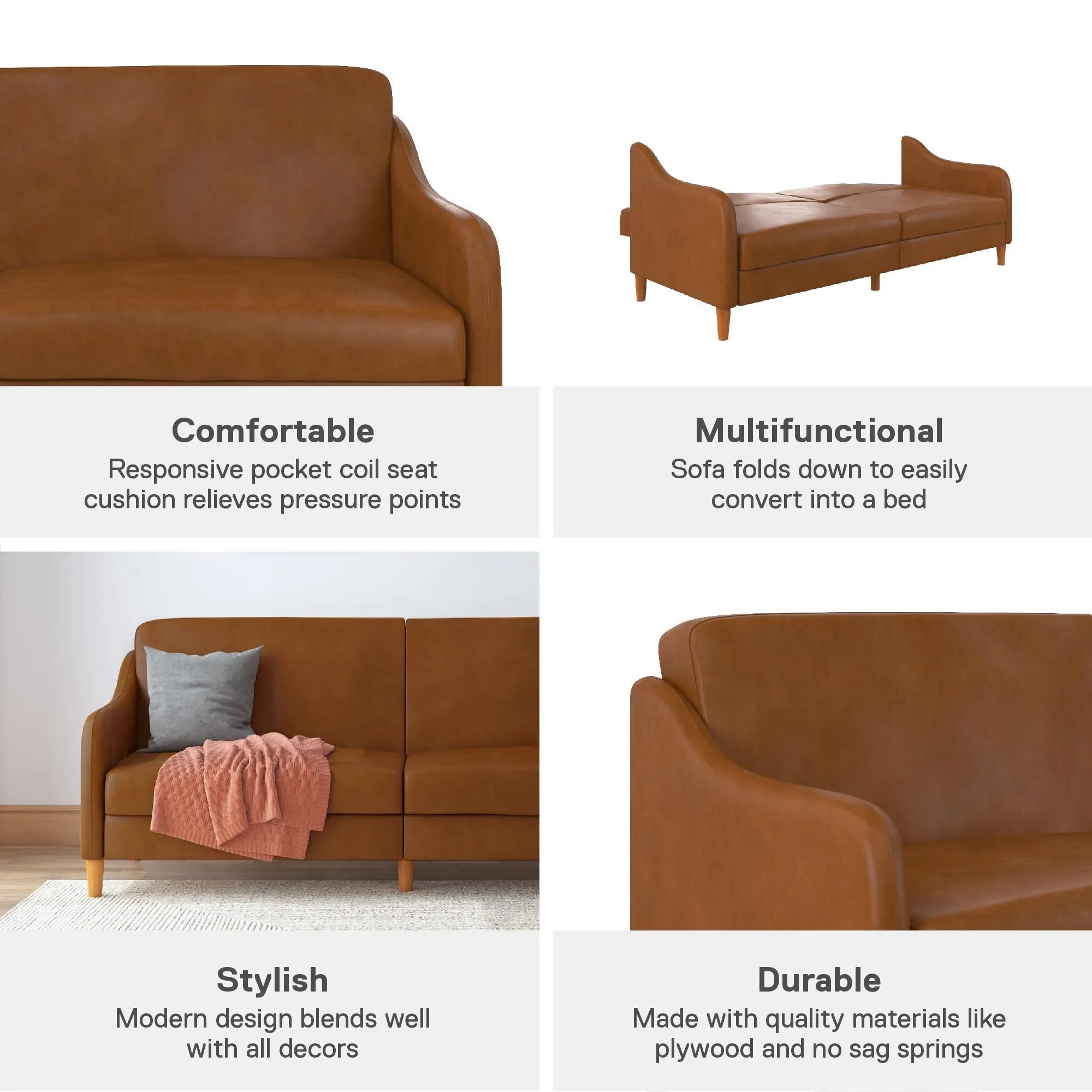 Jasper Coil Futon with Linen or Faux Leather Upholstery and Round Wood Legs