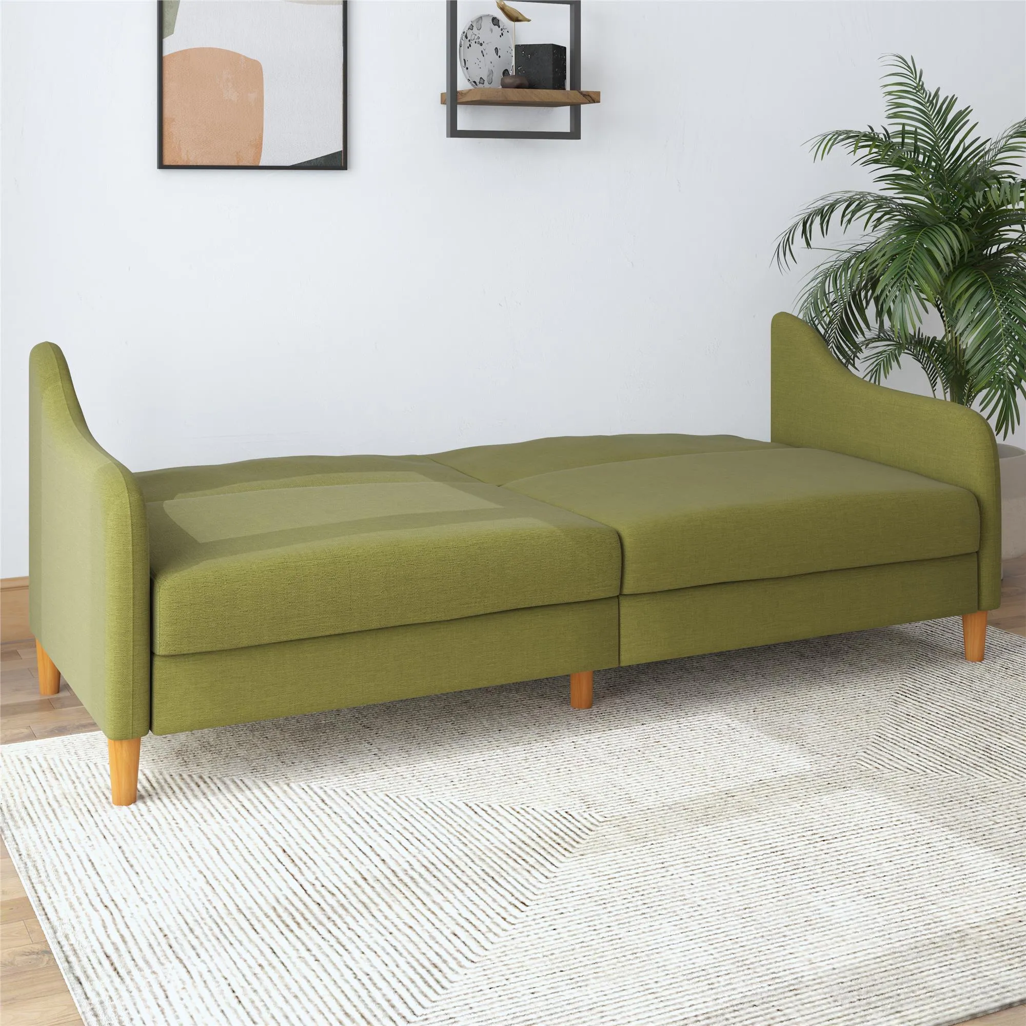 Jasper Coil Futon with Linen or Faux Leather Upholstery and Round Wood Legs