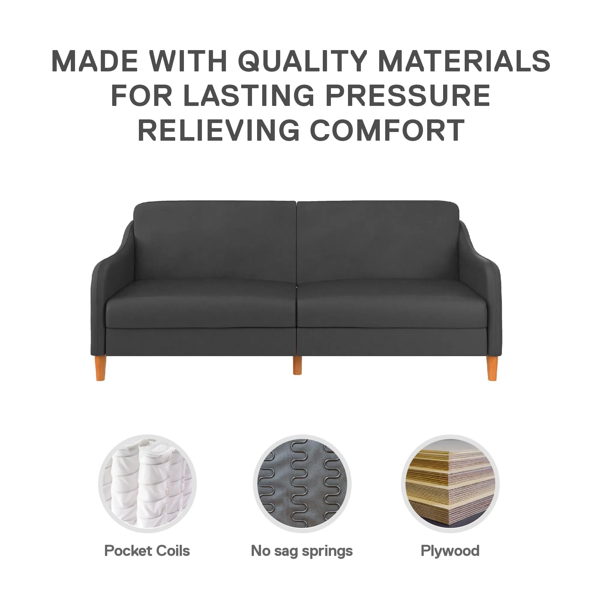 Jasper Coil Futon with Linen or Faux Leather Upholstery and Round Wood Legs