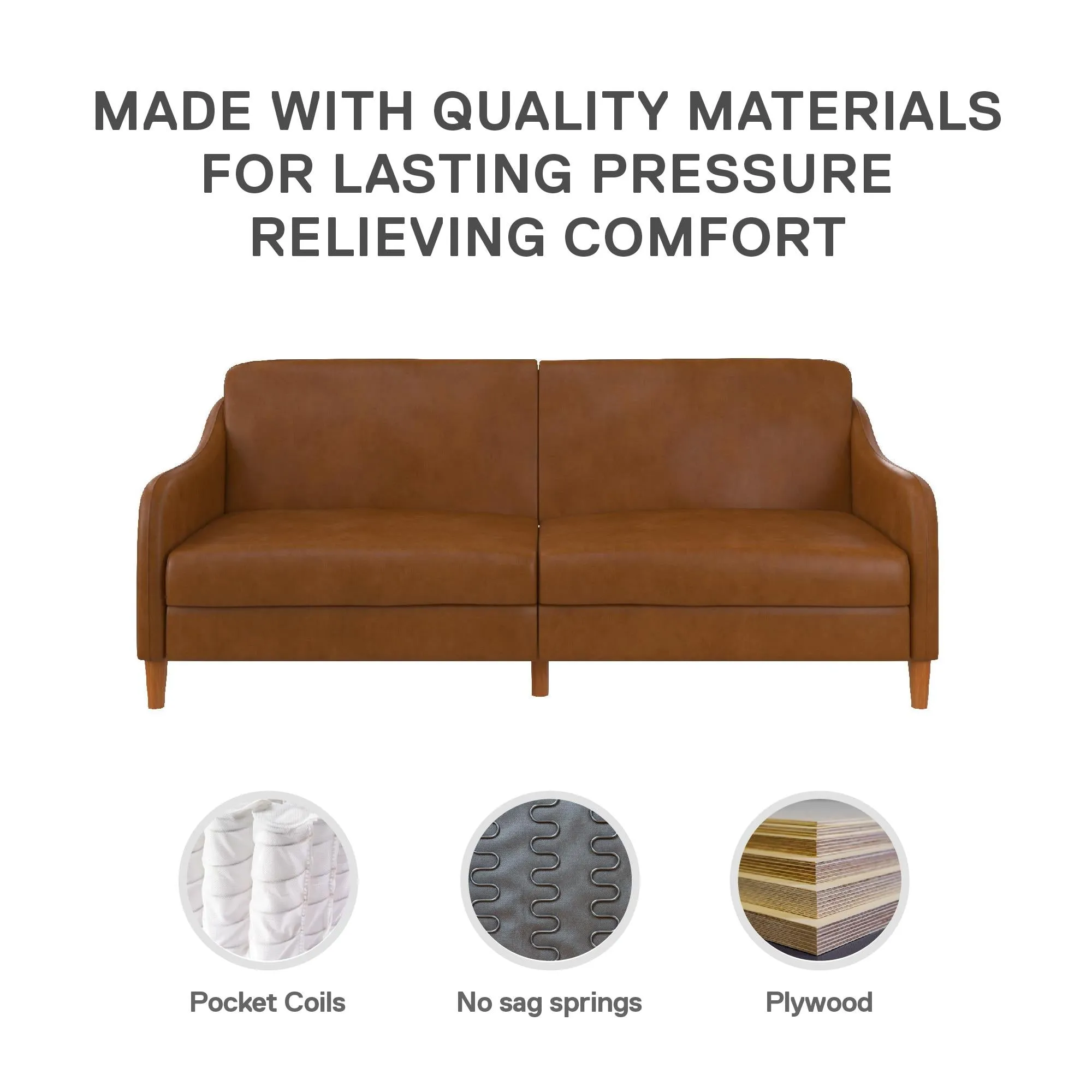 Jasper Coil Futon with Linen or Faux Leather Upholstery and Round Wood Legs