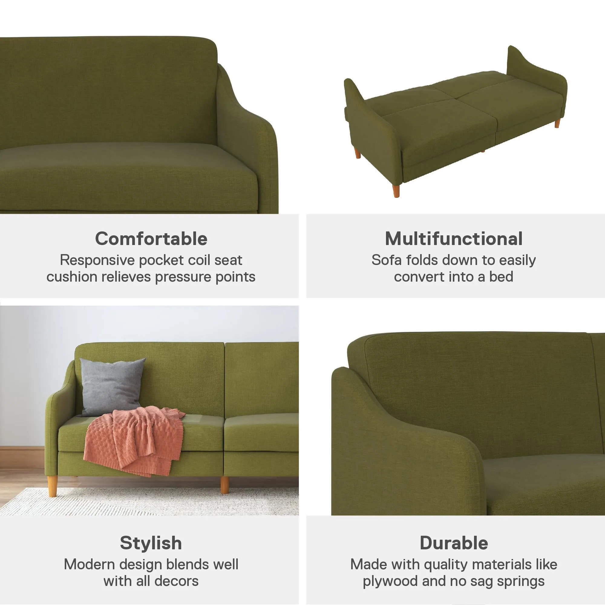 Jasper Coil Futon with Linen or Faux Leather Upholstery and Round Wood Legs
