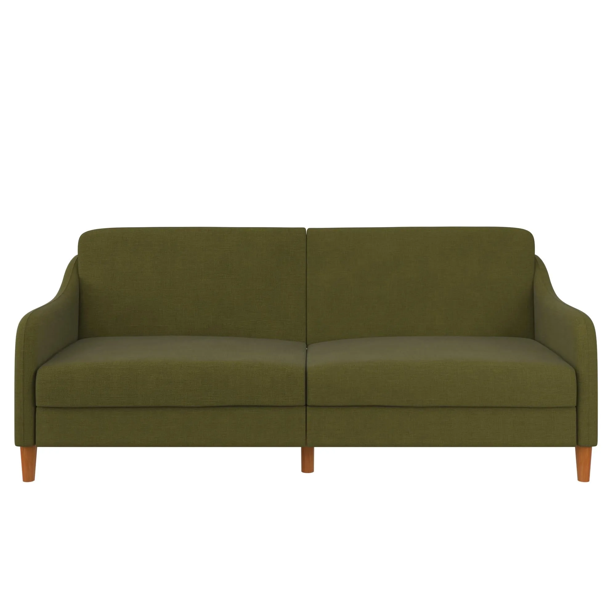 Jasper Coil Futon with Linen or Faux Leather Upholstery and Round Wood Legs