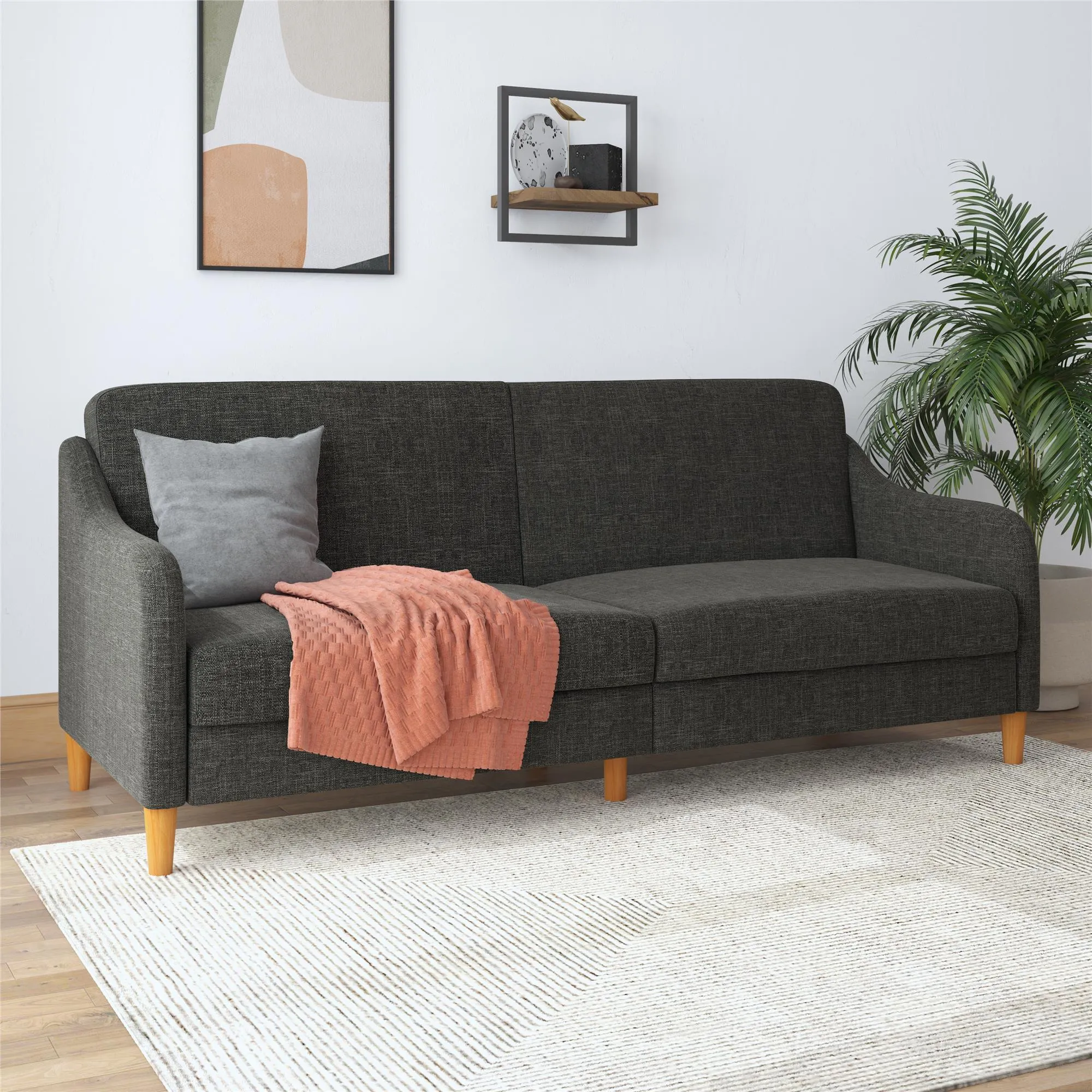 Jasper Coil Futon with Linen or Faux Leather Upholstery and Round Wood Legs