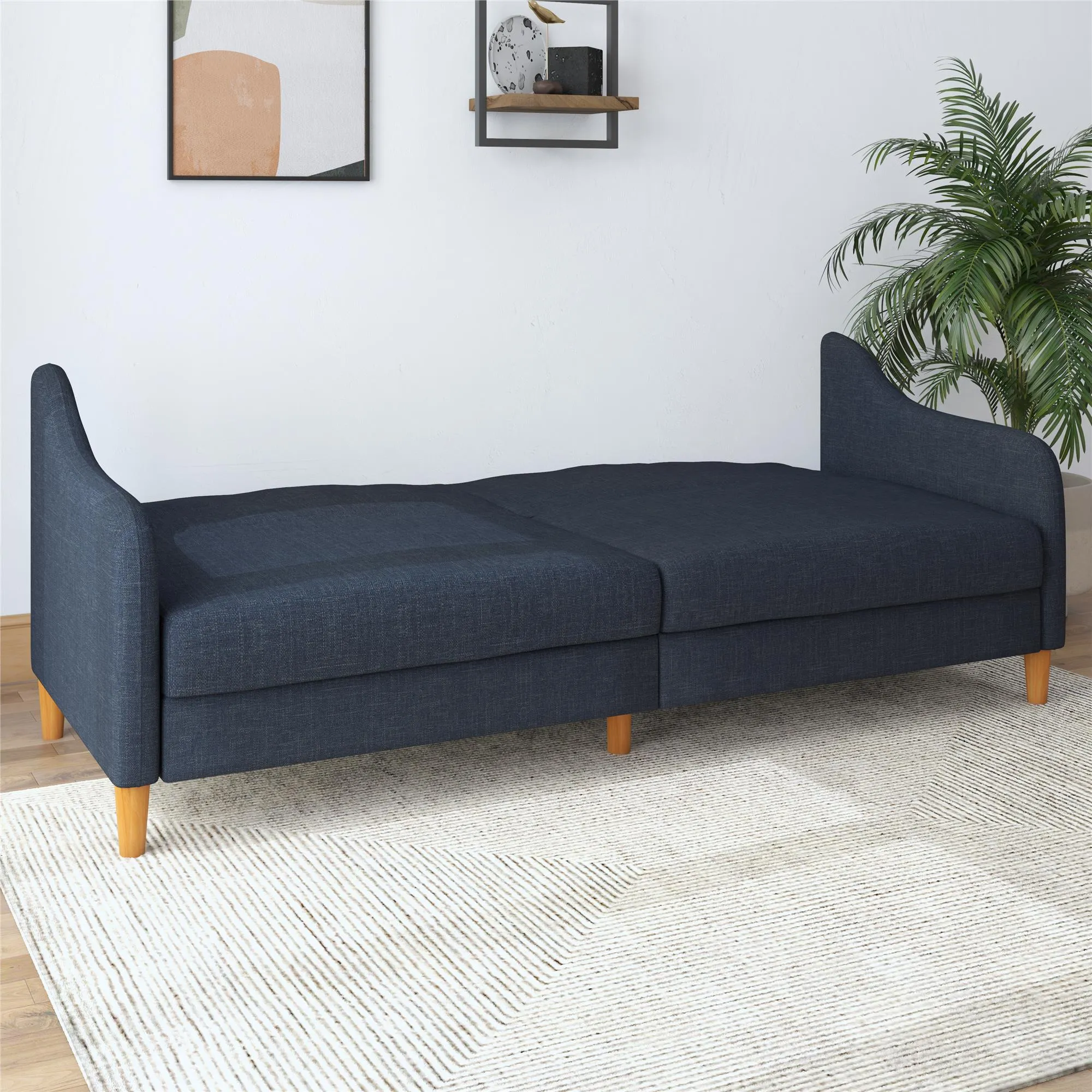 Jasper Coil Futon with Linen or Faux Leather Upholstery and Round Wood Legs